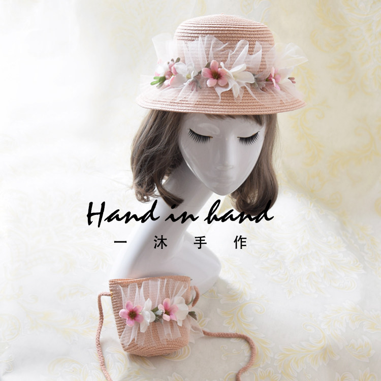 Grass Cap Girl Tide Flowers Flat Top Wide Along Children Beach Hat Summer Day Woman Baby Beach Hat Grass Chicao Flower Bag