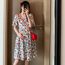 Gestational dress Broken Flowers dress Dress Cherry printed Cherry Printed slim V collar Back midway Long Fashion Skirt Commuter Foreign Air Summer