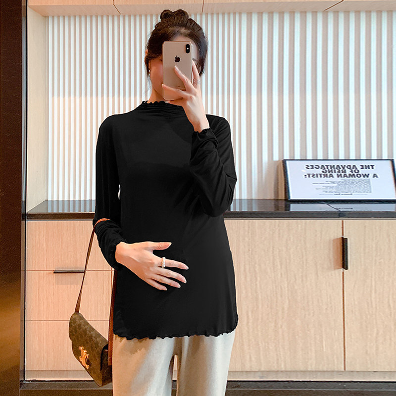 Pregnant woman inside lap clothes autumn and winter new long sleeves Half high collar Long version Modale Nehitch blouse Elastic Thin T-shirt