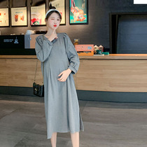 Pregnancy advanced spring loaded loose pregnant woman with dress in dress with long and round collar long sleeve sweatshirt open fork skirt for spicy mother tide