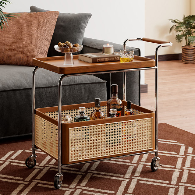 Solid wood trolley, ancient side snack rack, movable wheeled coffee table, retro rattan storage rack