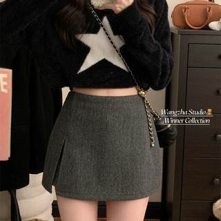 Gray woolen irregular shorts skirt for women with high waist
