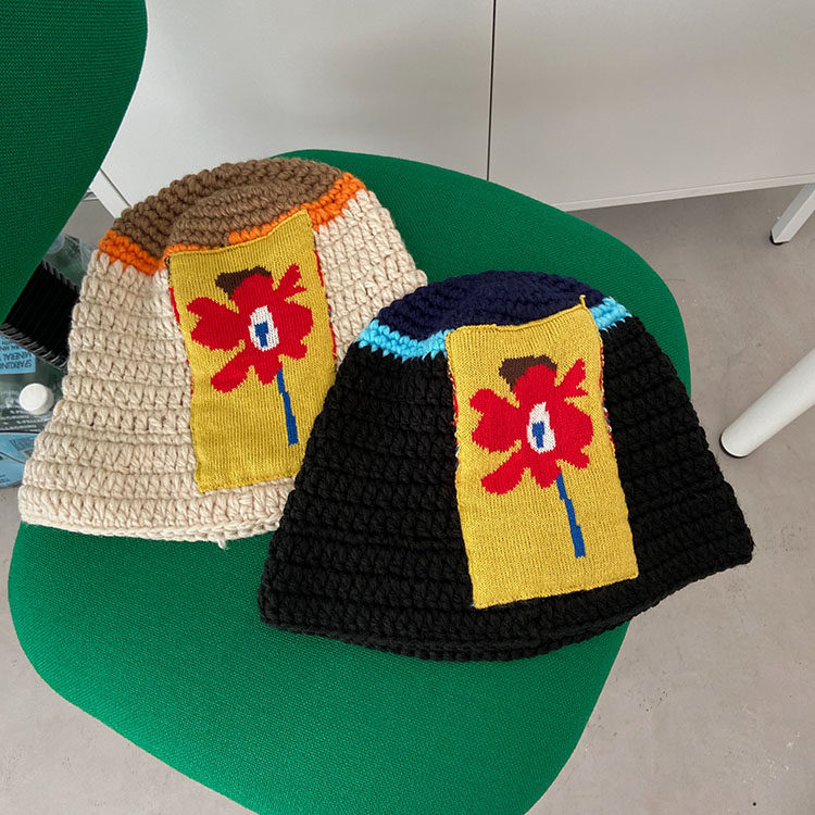 Korean ins niche design knitted wool cap wild flower fisherman hat warm basin hat show face small cold hat