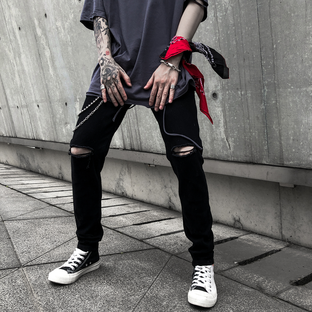Autumn high Street knee ripped jeans men's black High Street slim cigarette tube pants trend hip hop shaved jeans