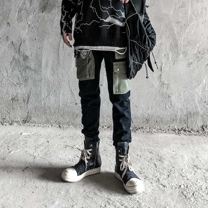 High street frock black jeans thickened winter multi-pocket stitching tide brand slim small feet casual jeans men