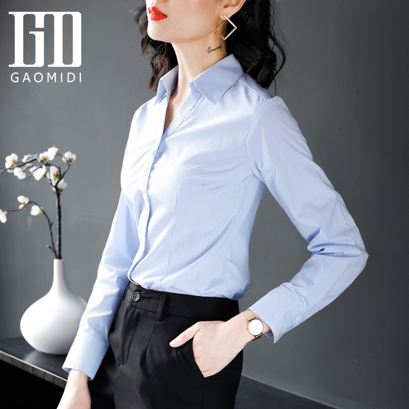 Blue White Striped Shirt Woman Long Sleeve 2021 Early Spring New Body OL Business Bank V Collar Professional Shirt Tooling