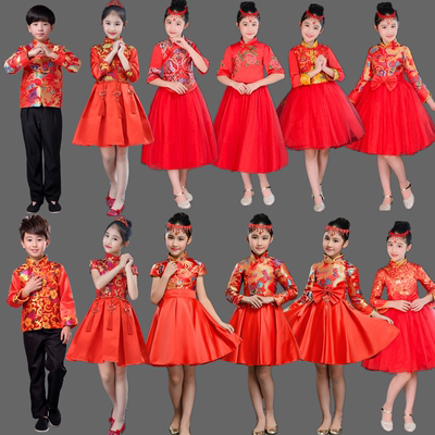 chinese Tang Costumes for boys girls qipao dresses Chinese style guzheng chorus princess skirt new year dragon dress for girls