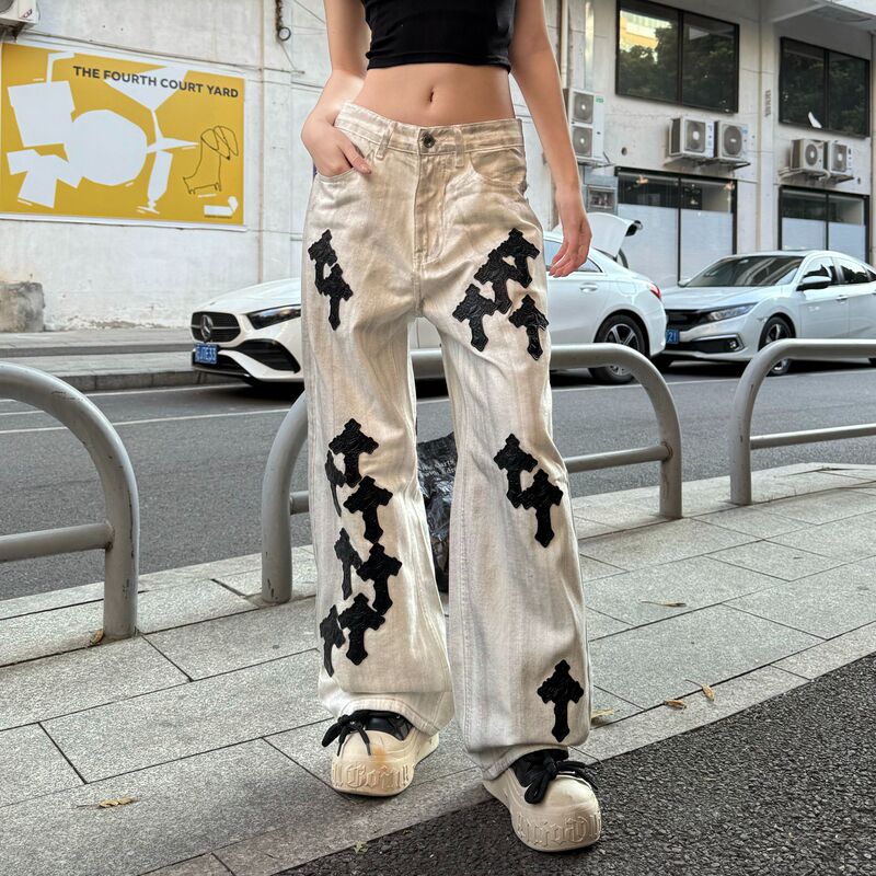 Sjy888 Hong Kong High-End Street Style Cross White Jeans Unisex Loose Straight Wide-Leg Pants Trendy Brand Sjy888 Hong Kong High-End Street Style Cross White Jeans Unisex Loose Straight Wide-Leg Pants Trendy Brand