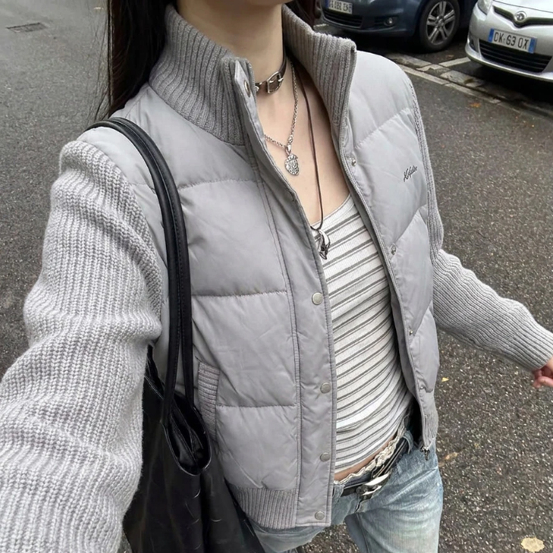 2026 Winter New Style Patchwork Knitted down Cotton Jacket for Women, Korean Style Petite Cotton Coat with a High-End Feel, Thick Padded Outerwear