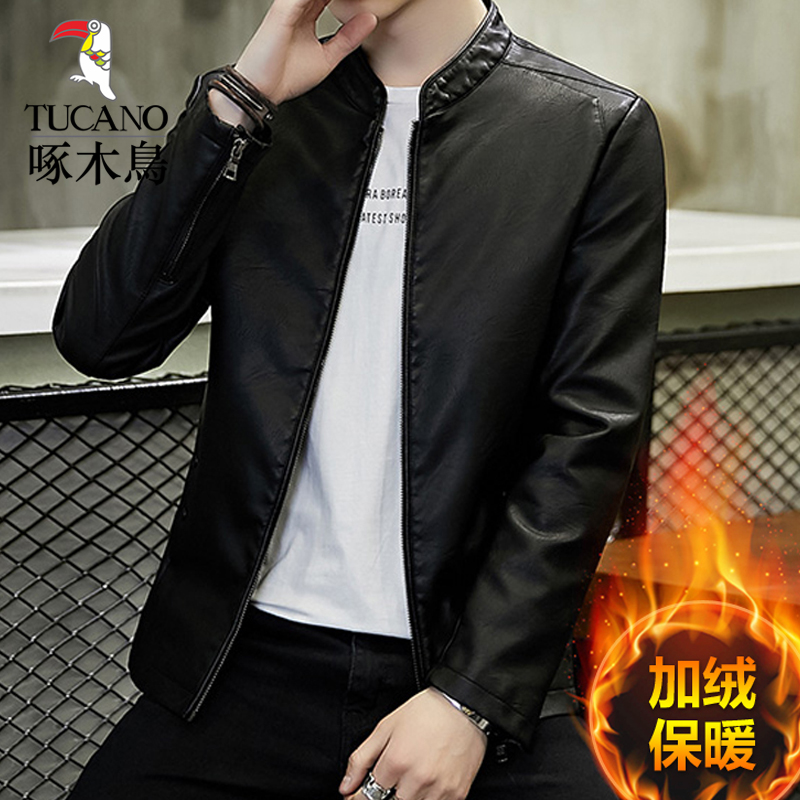 Woodpecker leather jacket men's slim Korean style handsome spring and autumn new thin coat Pew top jacket trendy