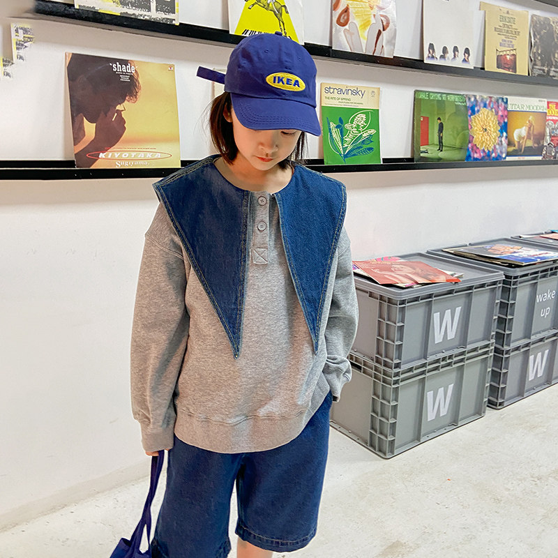 Princess Nuonuo girls thick T-shirt personality new trendy spring and autumn clothes in the big children's denim collar stitching pullover top