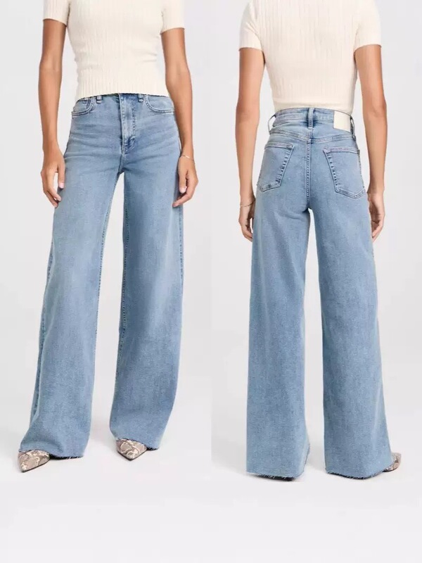 Celebrity-Inspired Rag&Bone Light Blue Thin High-Waisted Wide-Leg Frayed Straight-Leg Denim Pants for Women