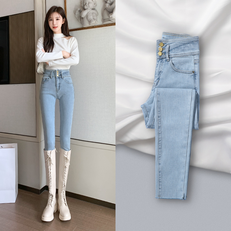 Light high-rise jeans women's 2021 spring wear 2022 new skinny light blue slim fit plus plush small foot pants