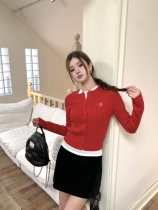 GAZ Online Shop New Red Knit Cardiovert Jumpsuit Short College Wind New Year Sweater Jacket Woman