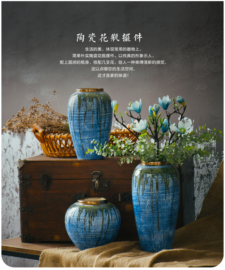 Jingdezhen ceramic dry flower vases, flower arrangement sitting room coarse pottery retro earthenware jar flower art porch is decorated pottery furnishing articles