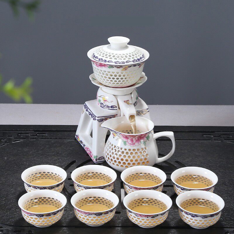 Semi-automatic tea set household lazy tea set green flower exquisite tea cooking equipment Chinese whole set Kung fu teapot