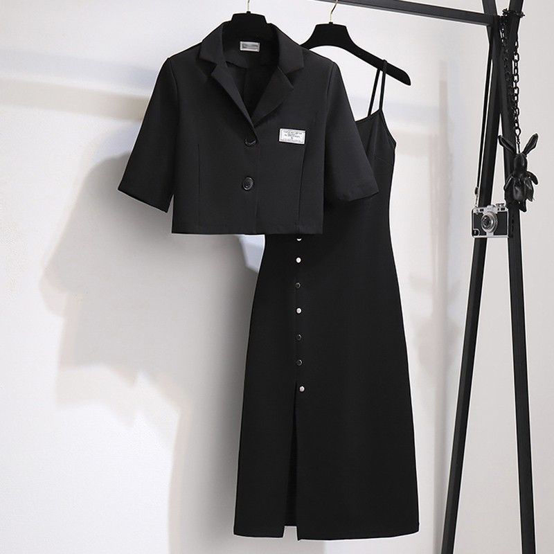 Black Blazer Single-Breasted Suspender Long Dress for Women, Autumn and Summer, Plus Size, Slimming Cardigan Dress Set