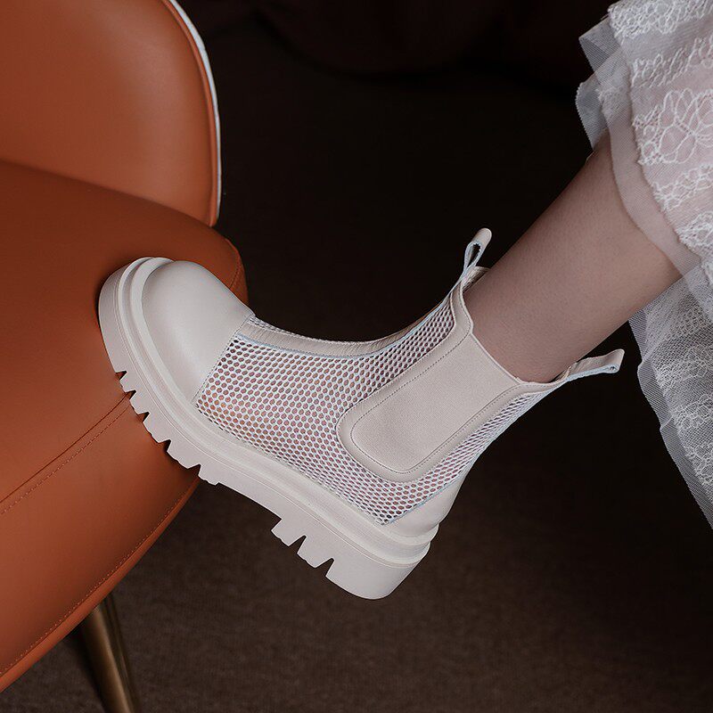 Martin Boots Summer Thin women's net yarn breathable 100 Lap Slim Tobacco Cylinder Boots Thick Bottom Hollowed-out Mesh Boots Cool Boots Genuine Leather