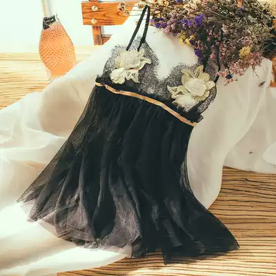 Peach neon dress sexy super short nightgown deep V three-dimensional flower mesh transparent sling pajamas seduction small night clothes