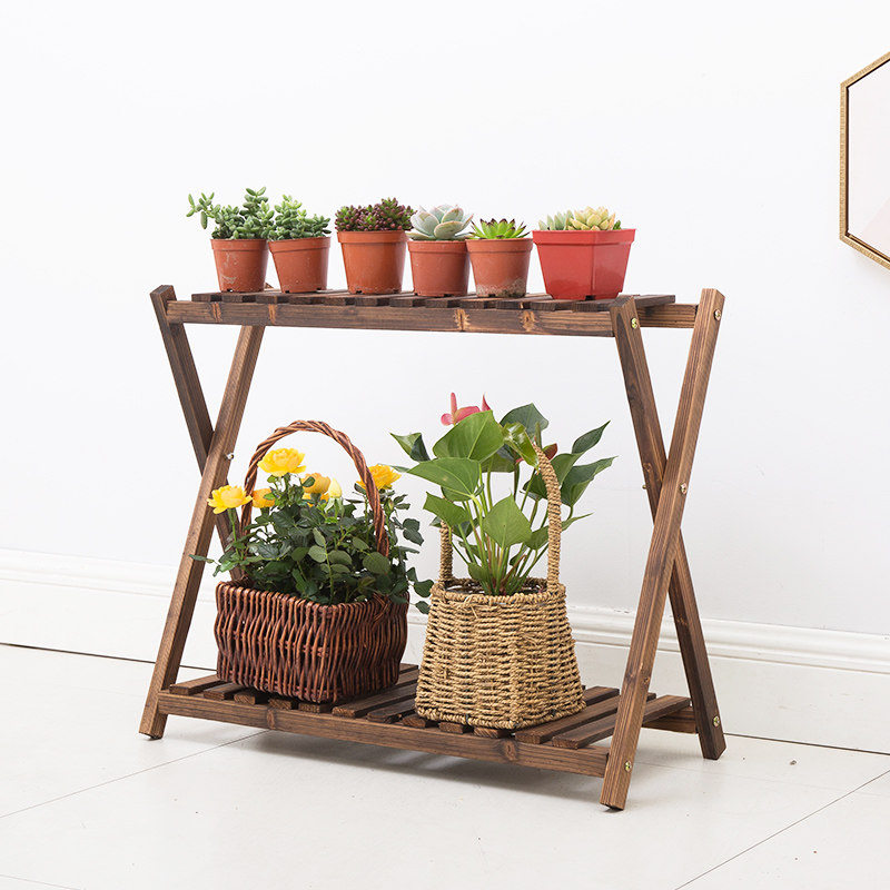 Solid wood flower stand wooden succulent X-shaped balcony living room indoor multi-layer flower pot rack left and right simple flower stand anti-corrosion wood