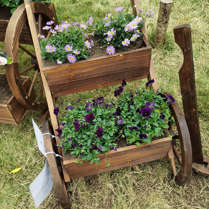 Double-layer anti-corrosion wooden rectangular creative gardening small float balcony outdoor decoration double wheel flower stand flower trough