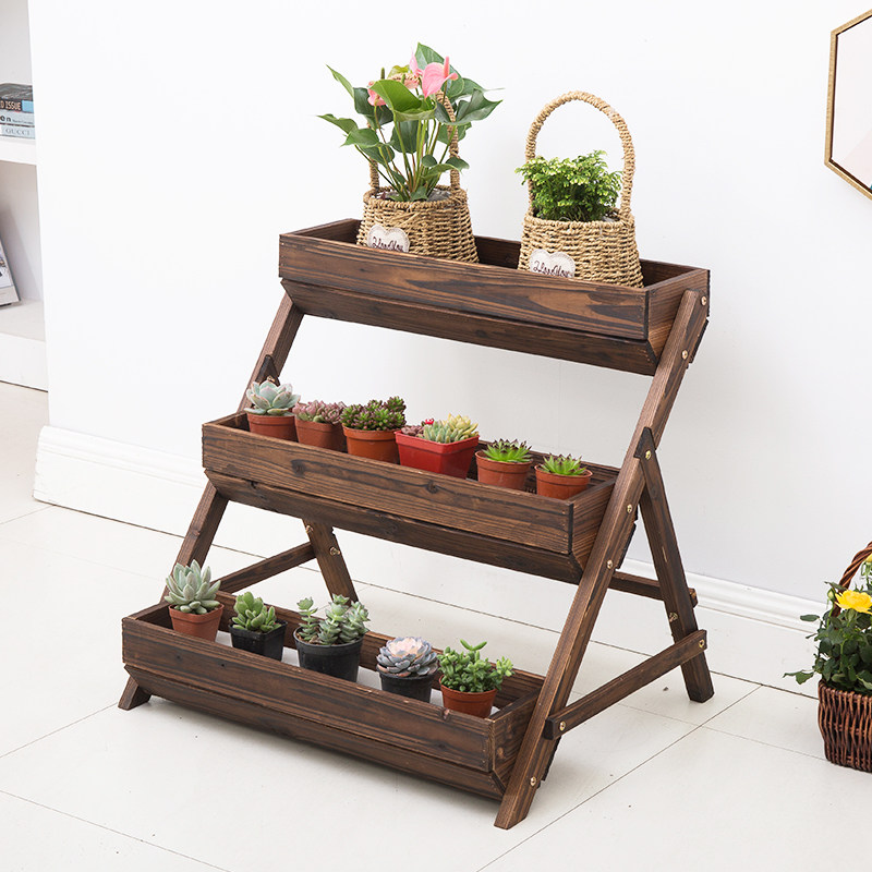 Balcony flower rack rack anti-corrosion carbonized wood flower box flower trough flower pastoral planting vegetable pot three-dimensional flower pot rack
