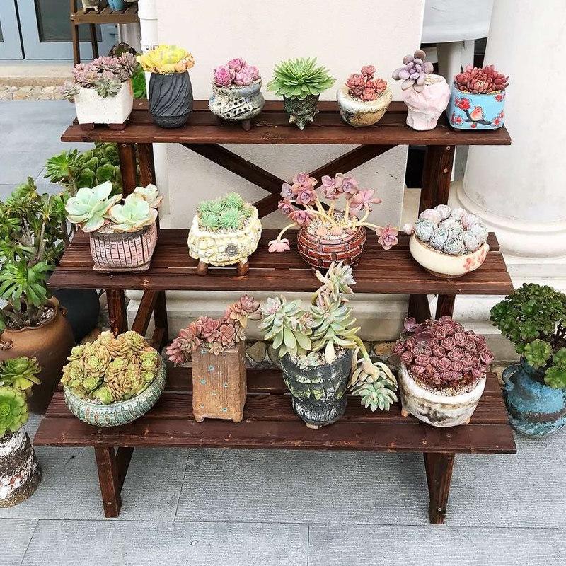 Punch drill Multi-layer ladder flower stand balcony indoor and outdoor multi-layer carbonized anti-corrosion wood flower shelf solid wood succulent flower