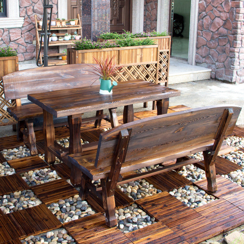 Outdoor table and chair combination greenhouse table and chair set carbon carbonized anti-corrosion solid wood open-air outdoor courtyard balcony drinking tea