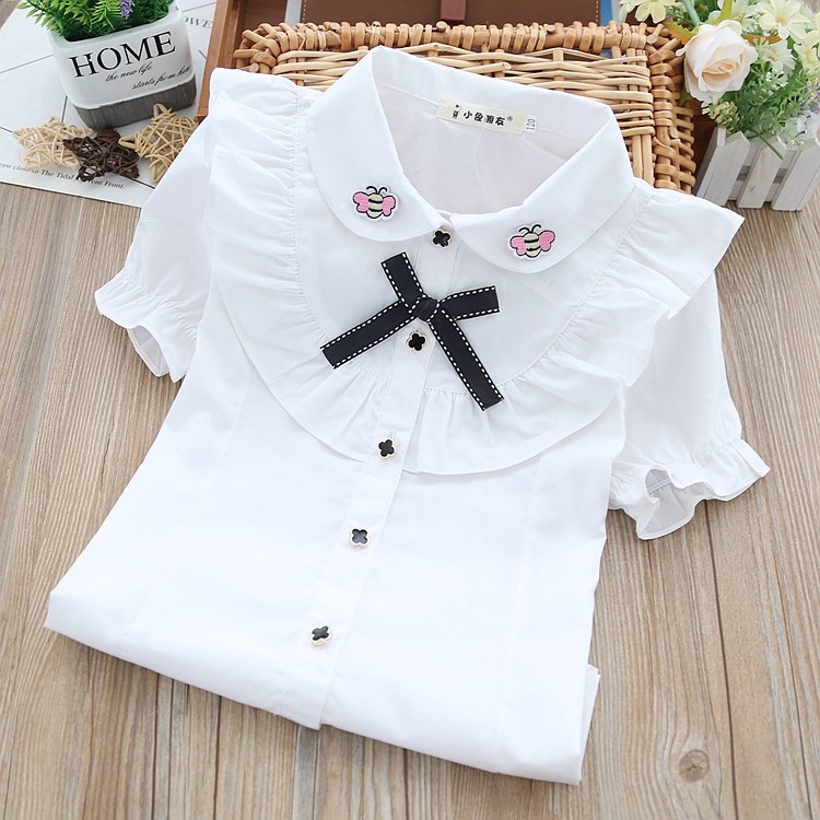 Girl White Shirt Short Sleeve Children Shirts Primary School Kids Half Sleeve Girl Foreign Pie blouse Summer