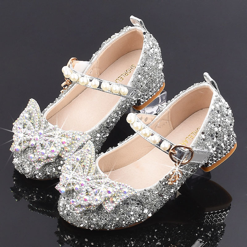 Girls' High-Heeled Leather Shoes, Spring & Fall Kidsren's Crystal Shoes, Dress, Piano Catwalk Performance Shoes, Baby Elsa Princess Shoes
