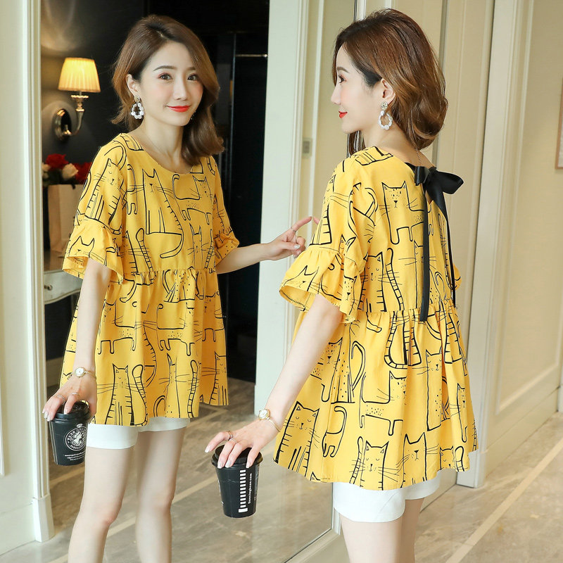 Pregnant woman suit Summer Fashion Chauma 2020 new fashion models Korean version Horn Sleeve Doll Blouse Shorts Two Pieces