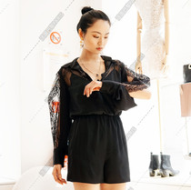 Paris substitute maje 19 autumn winter lace splicing cross V-collar jumpsuit shorts INES