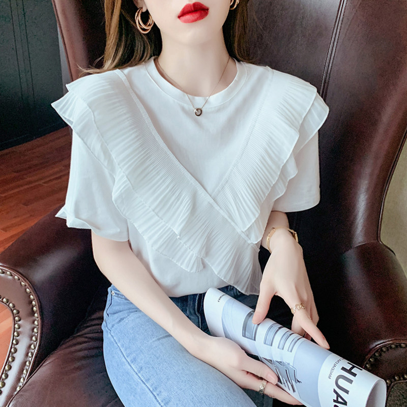 France maje22 new design sense niche ruffled casual top women's age reduction versatile short-sleeved T-shirt