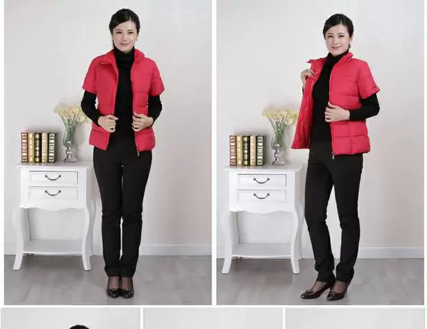 Phụ nữ trung niên vest mùa thu đông với tay áo túi sâu mẹ chất liệu cotton mềm mại nửa tay áo vest vai rộng cổ áo vest dày