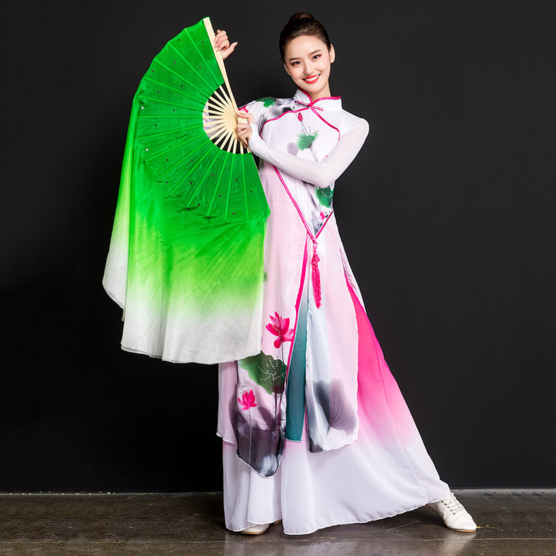 Real Silk Dance Fan Lengthened Green Bifacial Square Dance Fan Shoots Song Fan Standard Dancing Fan Performance Fan