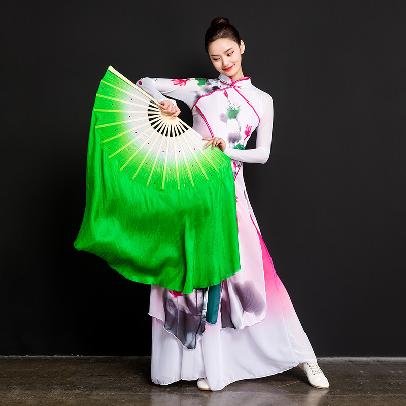 Dance Fan Dancing Fan Lengthened Adult Real Silk Screening Mountain Red Rice Seedlings Song Fan Show Big Fan-Gradual Dance Performance Fan