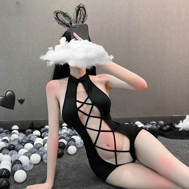 Sexy Tight Underwear Seductive Neckline Disc Button Female Maid Dew Back Strap Hollowed-out Sexy Dead Bank Water Limpsuit Suit