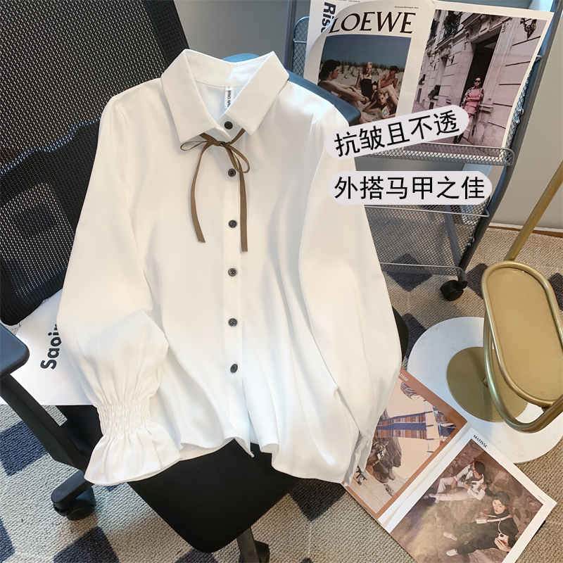 New Autumn and Winter Velvet-Lined Shirt ins Korean Style Preppy Lace-Up White Shirt for Women Paired with Vest Long-Sleeved Top New Autumn and Winter Velvet-Lined Shirt ins Korean Style Preppy Lace-Up White Shirt for Women Paired with Vest Long-Sleeved Top