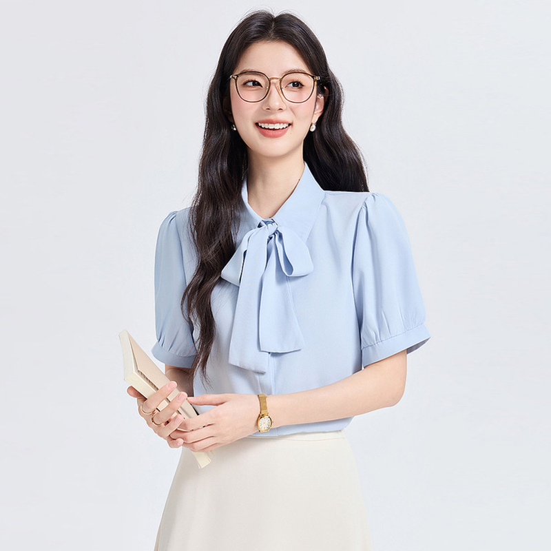 Summer French-Style Design Blue Bowknot Short-Sleeve Shirt for Women, Professional Wear, Commuting Tie-Up Ribbon Top