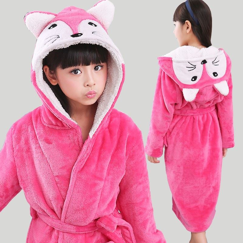 Autumn and winter girls bathrobe flannel girl long baby pajamas coral fleece thickened children's hooded nightgown