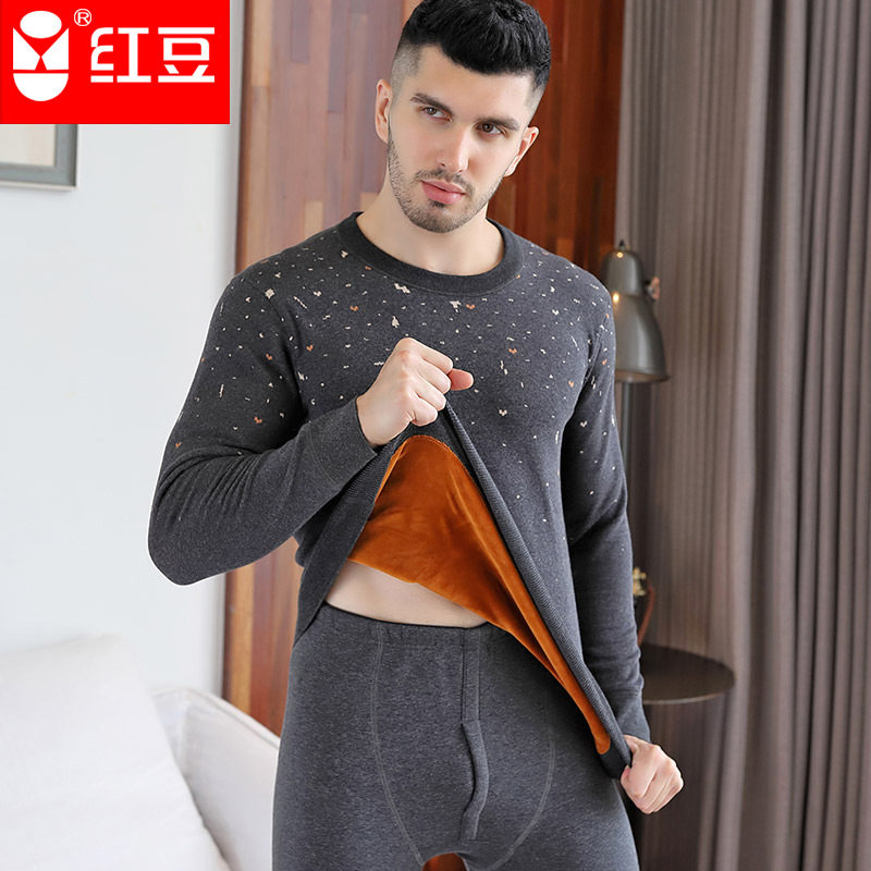 Men's thermal underwear men's plus velvet thick jacquard middle-aged and elderly fathers can wear red bean autumn underwear winter suit
