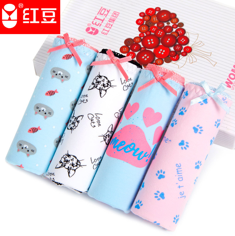 Red bean panties ladies cotton mid-low waist briefs boxed large size shorts head girl student shorts cotton panties