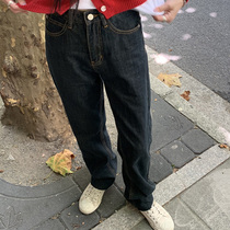 SINGSONG] High-waisted vintage jeans womens autumn new Joker loose slim straight tube trousers