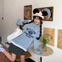 SINGSONG lake blue fake two-piece sweater female spring 2021 Korean loose round neck letter letter letter sweater