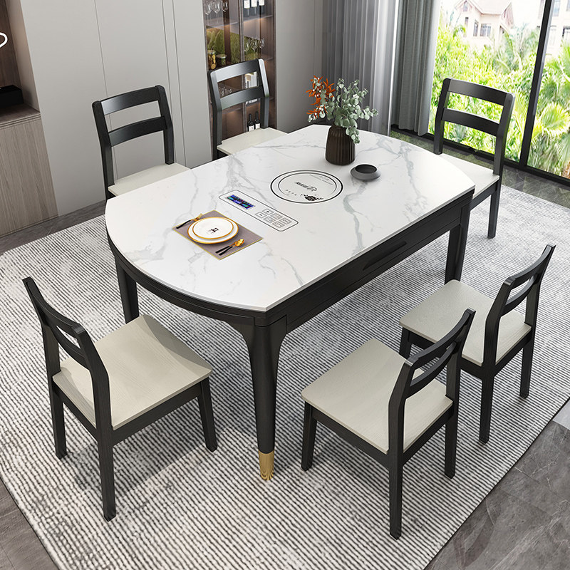 Slate with induction cooker dining table and chair combination modern minimalist retractable folding all solid wood marble variable round table