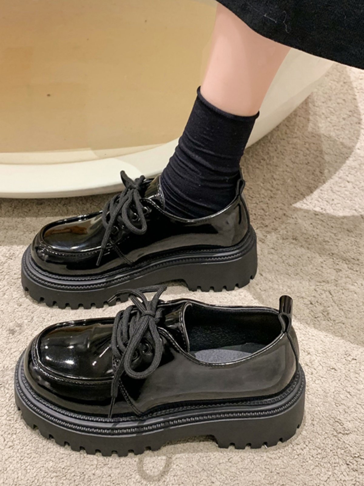 Women's Leather Shoes, British Style Flats, 2025 New Spring and Autumn Mary Jane Thick-Soled Loafers, Black Women's Shoes