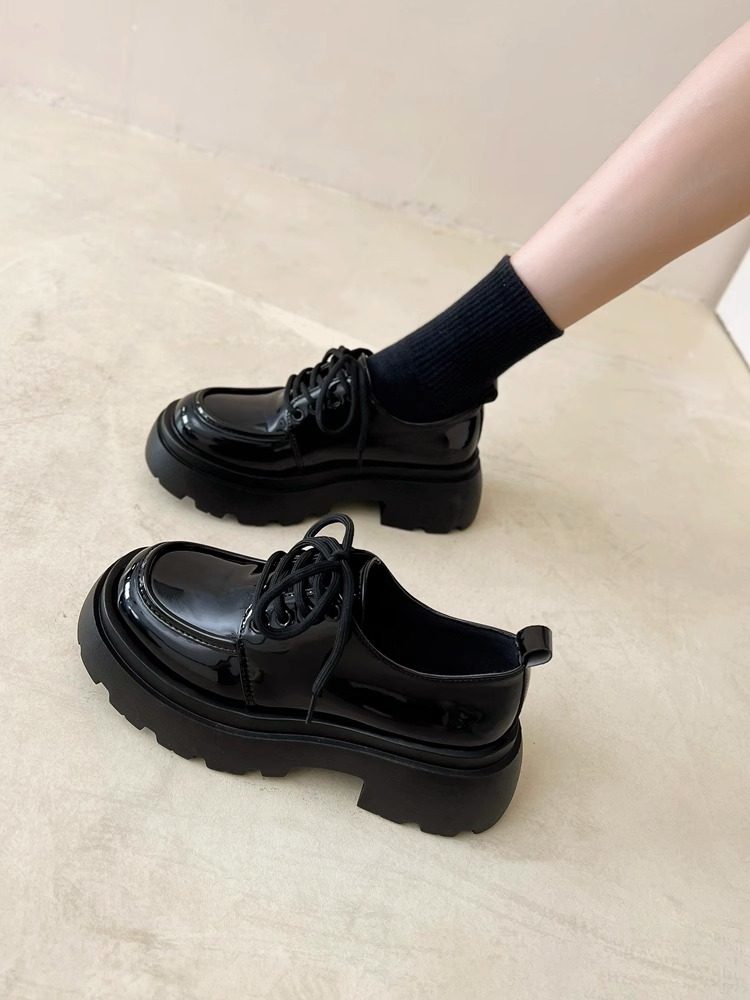 Women's Leather Shoes, British Style Flats, 2025 New Spring and Autumn Mary Jane Thick-Soled Loafers, Black Women's Shoes