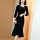 Red gold velvet dress 2021 autumn and winter new women's long-sleeved black V-neck slim mid-length fishtail skirt