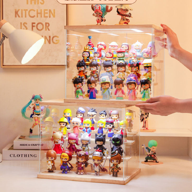 Bubble Mart blind box display box with lamp model doll model storage shelf acrylic transparent wooden dust cabinet