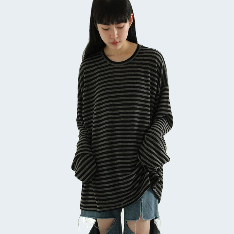 A Space as S/A Korea LAOSHU Polka Dot Wide Casual Loose Striped Long Sleeve T-Shirt Unisex Lazy Style
